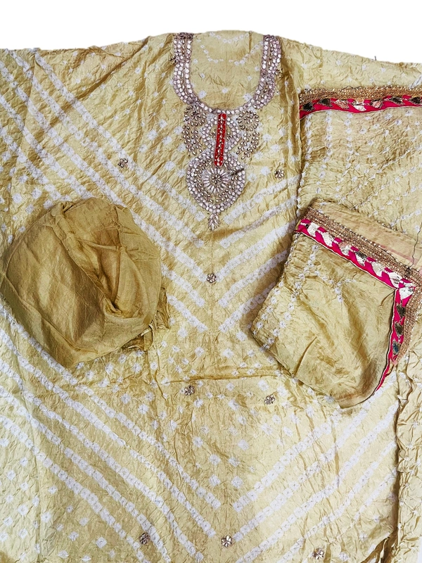 Art Silk Bandhani Gota Patti Work Un-Stitched Salwar Suit Dress Material - Beige