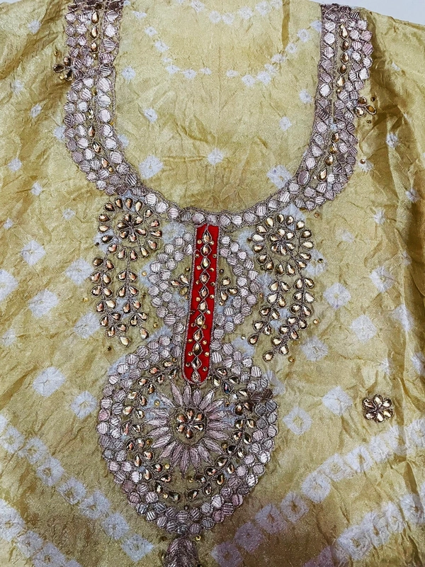 Art Silk Bandhani Gota Patti Work Un-Stitched Salwar Suit Dress Material - Beige