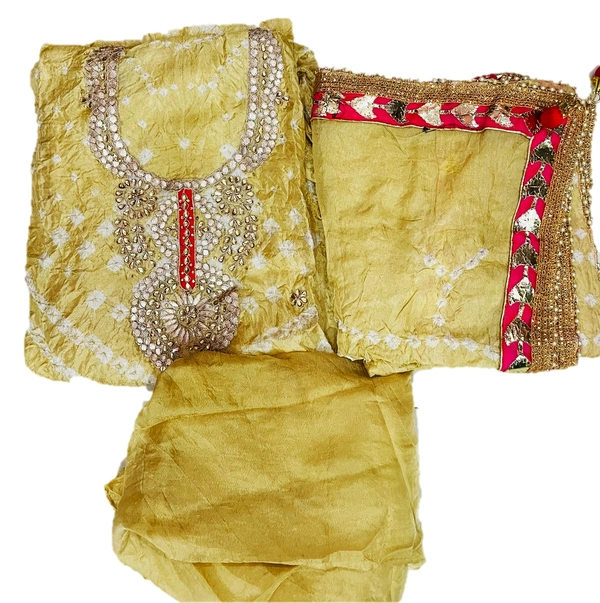 Art Silk Bandhani Gota Patti Work Un-Stitched Salwar Suit Dress Material - Beige