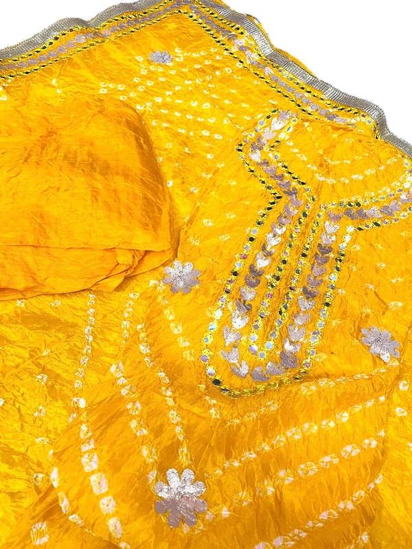 Art Silk Bandhani Gota Patti Work Un-Stitched Salwar Suit Dress Material - Yellow