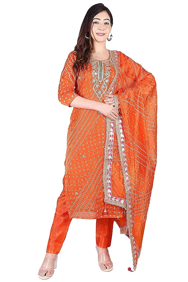 Art Silk Bandhani Gota Patti Work Un-Stitched Salwar Suit Dress Material - Orange
