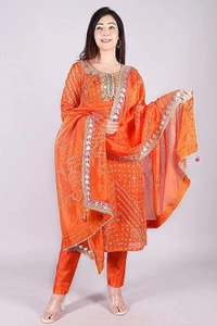 Art Silk Bandhani Gota Patti Work Un-Stitched Salwar Suit Dress Material - Orange