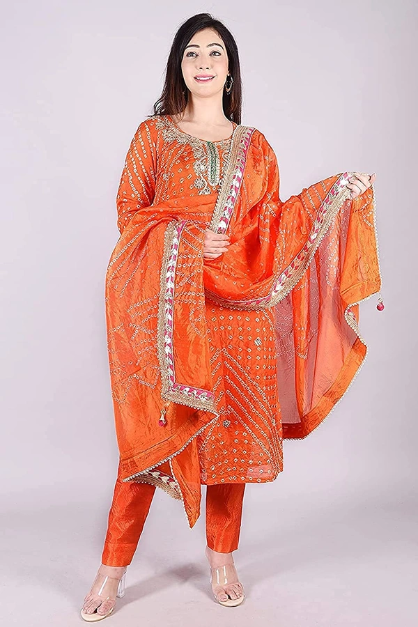 Art Silk Bandhani Gota Patti Work Un-Stitched Salwar Suit Dress Material - Orange