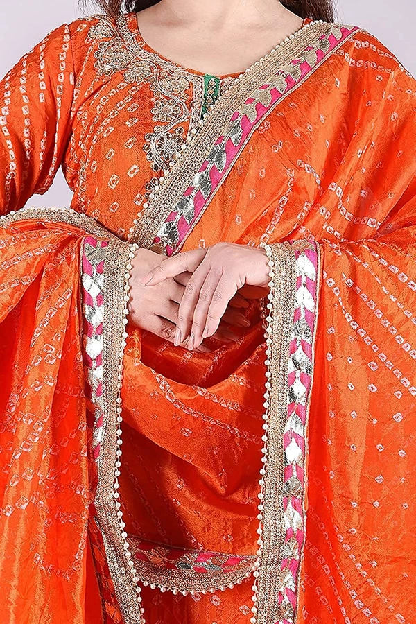 Art Silk Bandhani Gota Patti Work Un-Stitched Salwar Suit Dress Material - Orange