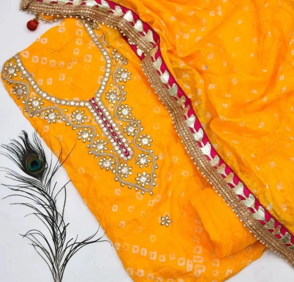 Art Silk Bandhani Gota Patti Work Un-Stitched Salwar Suit Dress Material - Yellow