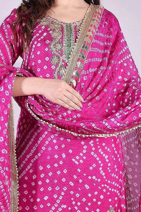 Art Silk Bandhani Gota Patti Work Un-Stitched Salwar Suit Dress Material - Pink