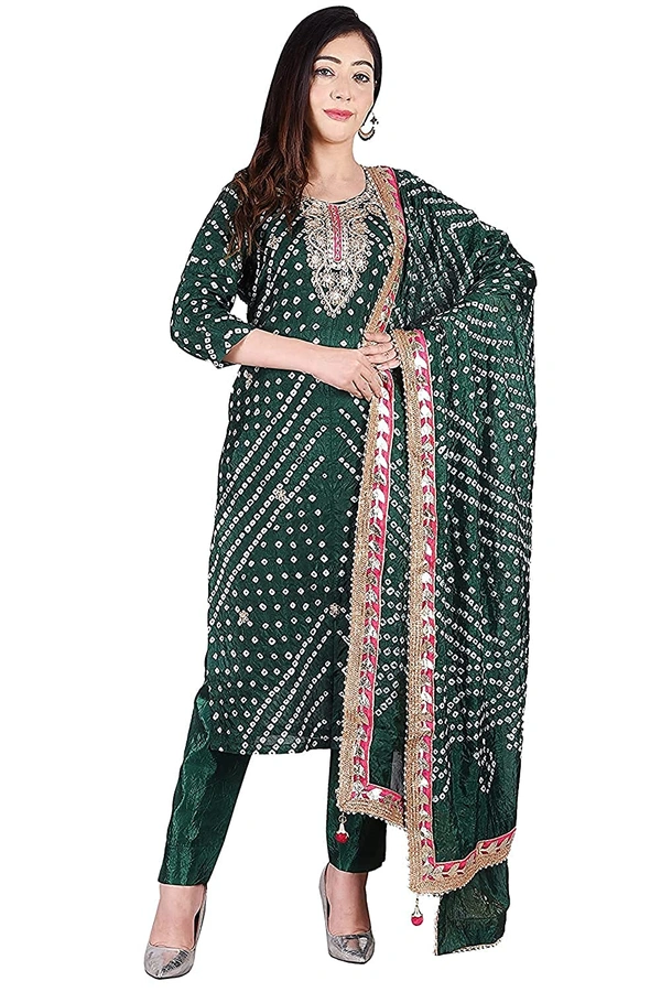 Art Silk Bandhani Gota Patti Work Un-Stitched Salwar Suit Dress Material - Green