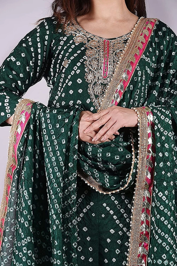 Art Silk Bandhani Gota Patti Work Un-Stitched Salwar Suit Dress Material - Green