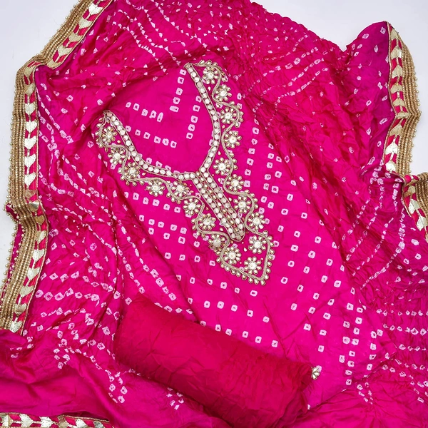Art Silk Bandhani Gota Patti Work Un-Stitched Salwar Suit Dress Material - Pink