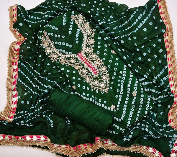 Art Silk Bandhani Gota Patti Work Un-Stitched Salwar Suit Dress Material - Green