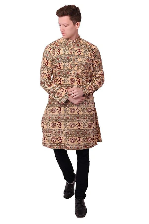 Cotton Blend Om Printed Long Beige Kurta for Men - XXL