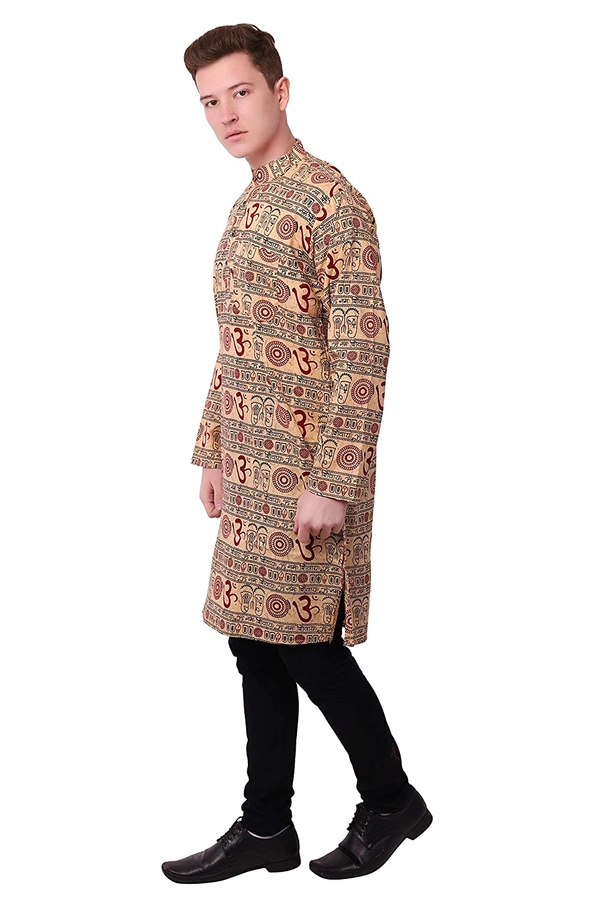 Cotton Blend Om Printed Long Beige Kurta for Men - XXL