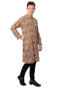 Cotton Blend Om Printed Long Beige Kurta for Men - XXL