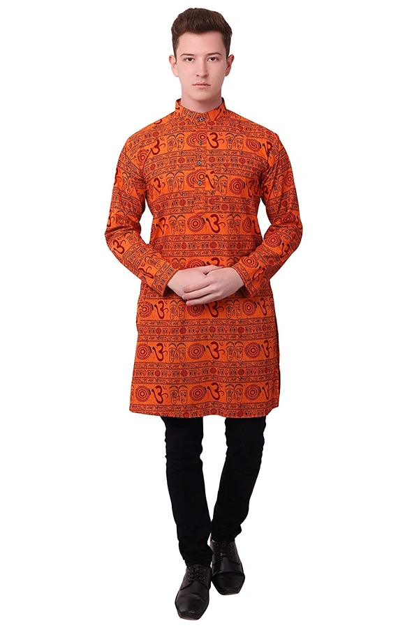 Cotton Blend Om Printed Long Orange Kurta for Men - XXL
