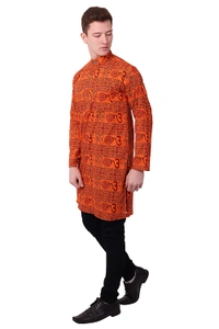 Cotton Blend Om Printed Long Orange Kurta for Men - XXL