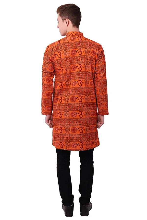 Cotton Blend Om Printed Long Orange Kurta for Men - XXL