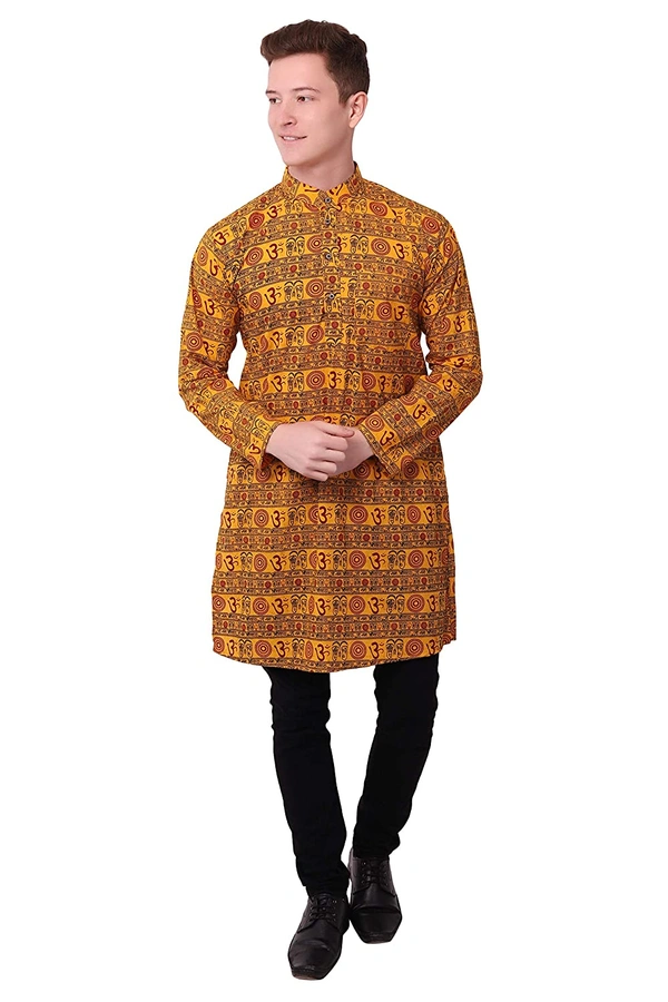 Cotton Blend Om Printed Long Yellow Kurta for Men - XL