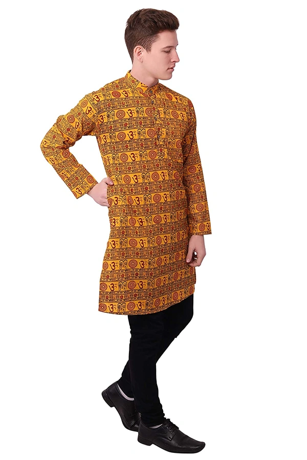Cotton Blend Om Printed Long Yellow Kurta for Men - XL