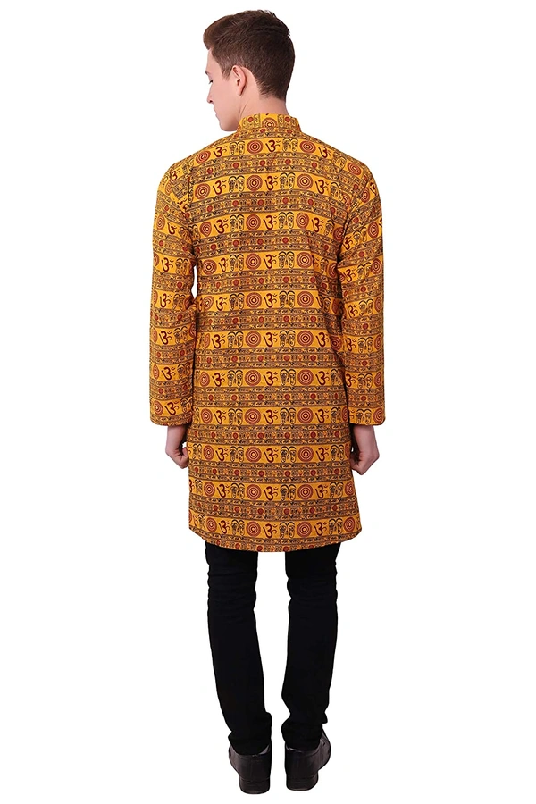 Cotton Blend Om Printed Long Yellow Kurta for Men - XL