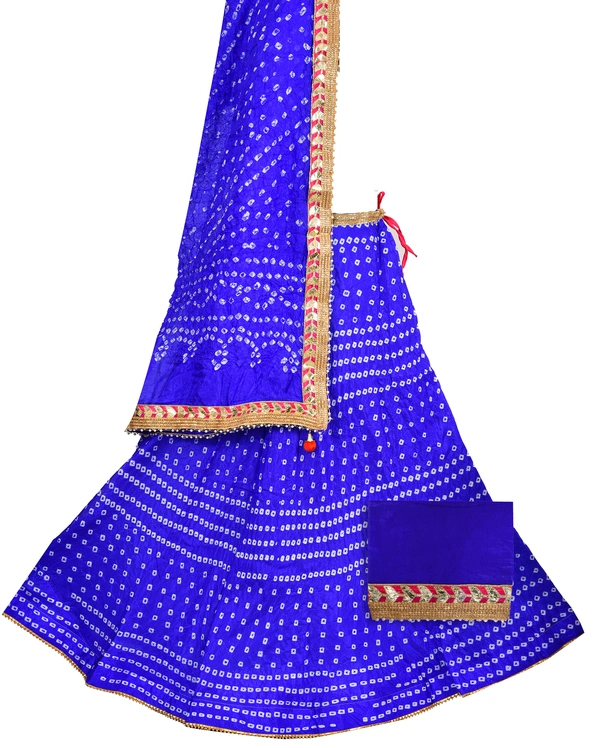 Lehenga Georgette with Bandhej Dupatta With Gota Patti Border & Dupin Blouse, Free Size - Blue