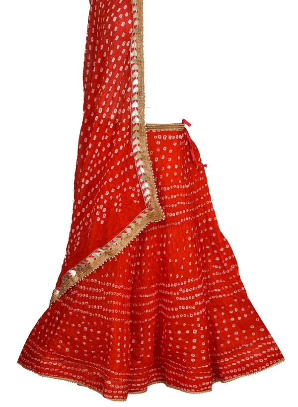 Lehenga Georgette with Bandhej Dupatta With Gota Patti Border & Dupin Blouse, Free Size - Red