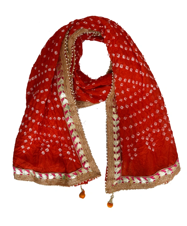 Lehenga Georgette with Bandhej Dupatta With Gota Patti Border & Dupin Blouse, Free Size - Red