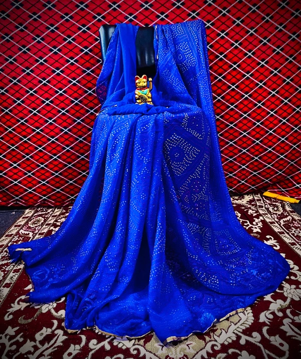 PK HUB Women's Chiffon BANDHANI Saree With Blouse Piece - Blue