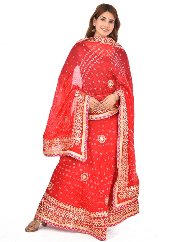 PK HUB Women's Rajasthani Traditional Bhandej Hand Gota Patti Work Lehnga Chunni Set - Free Size, Red