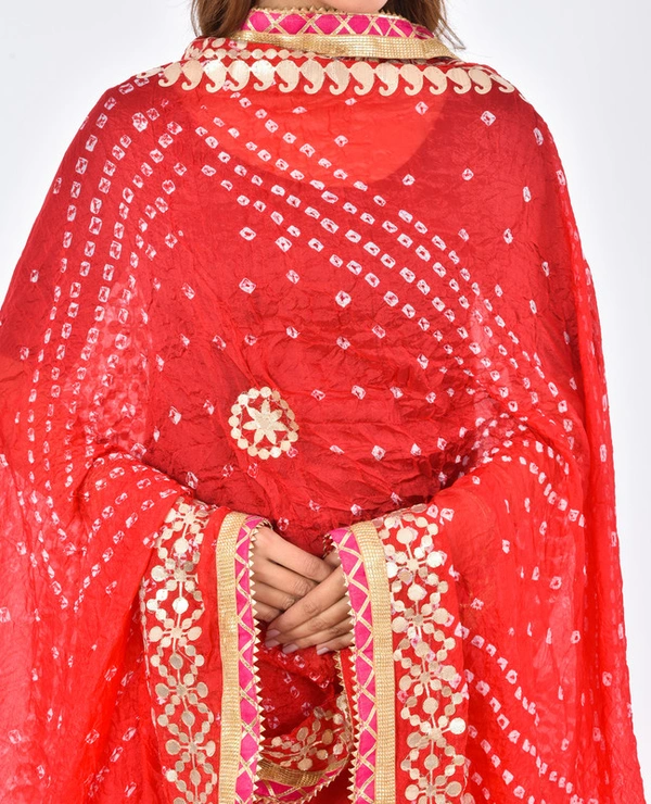 PK HUB Women's Rajasthani Traditional Bhandej Hand Gota Patti Work Lehnga Chunni Set - Free Size, Red