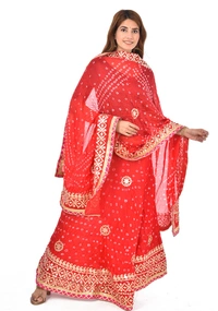 PK HUB Women's Rajasthani Traditional Bhandej Hand Gota Patti Work Lehnga Chunni Set - Free Size, Red