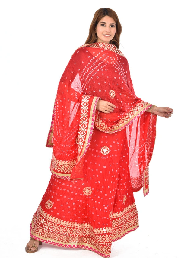 PK HUB Women's Rajasthani Traditional Bhandej Hand Gota Patti Work Lehnga Chunni Set - Free Size, Red