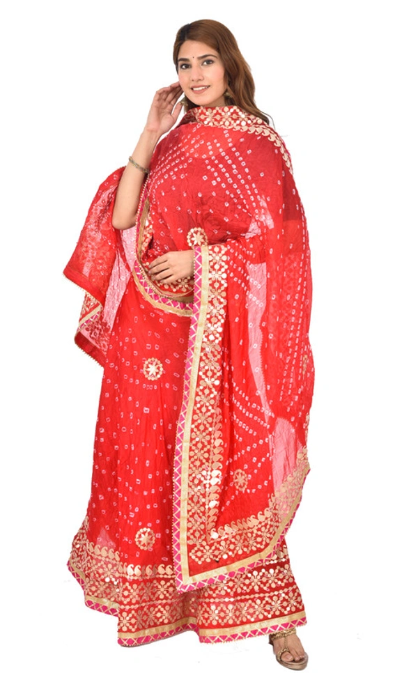 PK HUB Women's Rajasthani Traditional Bhandej Hand Gota Patti Work Lehnga Chunni Set - Free Size, Red