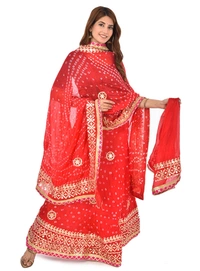 PK HUB Women's Rajasthani Traditional Bhandej Hand Gota Patti Work Lehnga Chunni Set - Free Size, Red