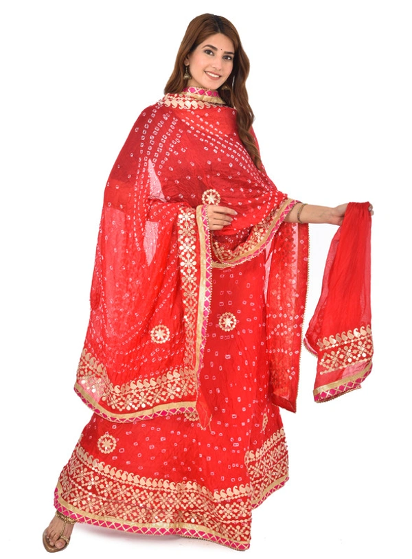 PK HUB Women's Rajasthani Traditional Bhandej Hand Gota Patti Work Lehnga Chunni Set - Free Size, Red