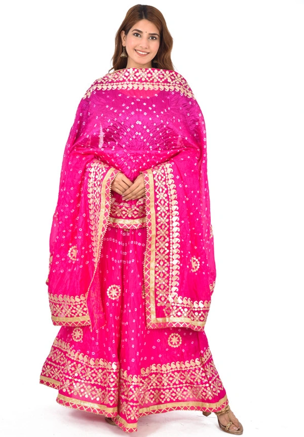 PK HUB Women's Rajasthani Traditional Bhandej Hand Gota Patti Work Lehnga Chunni Set - Free Size, Pink