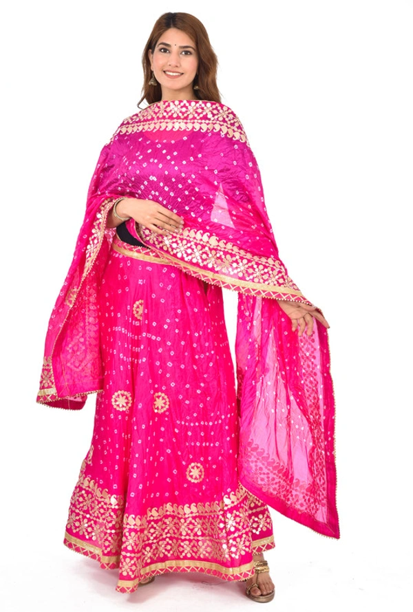 PK HUB Women's Rajasthani Traditional Bhandej Hand Gota Patti Work Lehnga Chunni Set - Free Size, Pink