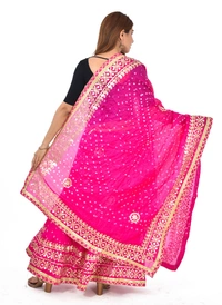 PK HUB Women's Rajasthani Traditional Bhandej Hand Gota Patti Work Lehnga Chunni Set - Free Size, Pink