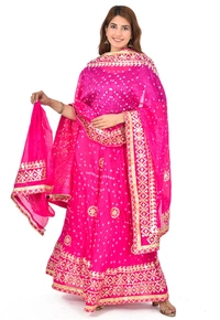 PK HUB Women's Rajasthani Traditional Bhandej Hand Gota Patti Work Lehnga Chunni Set - Free Size, Pink