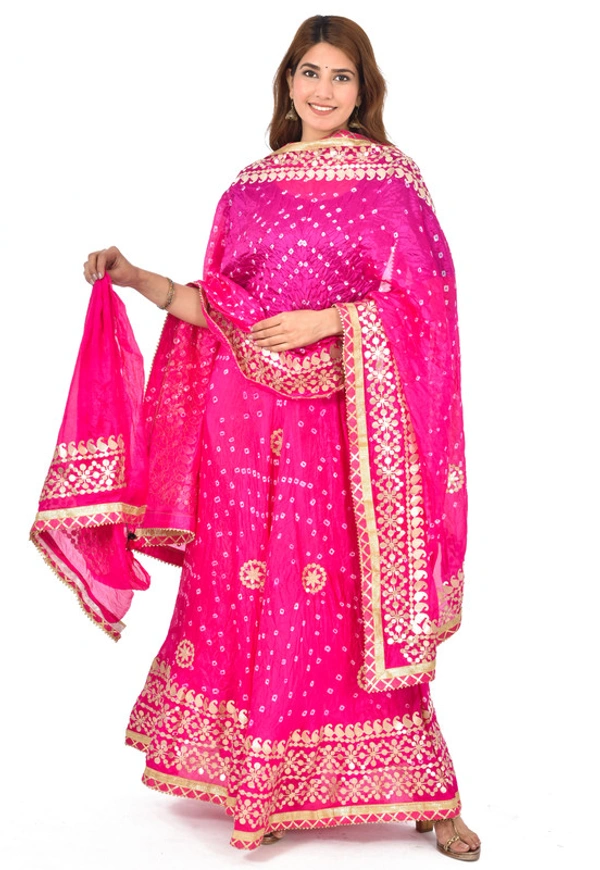 PK HUB Women's Rajasthani Traditional Bhandej Hand Gota Patti Work Lehnga Chunni Set - Free Size, Pink