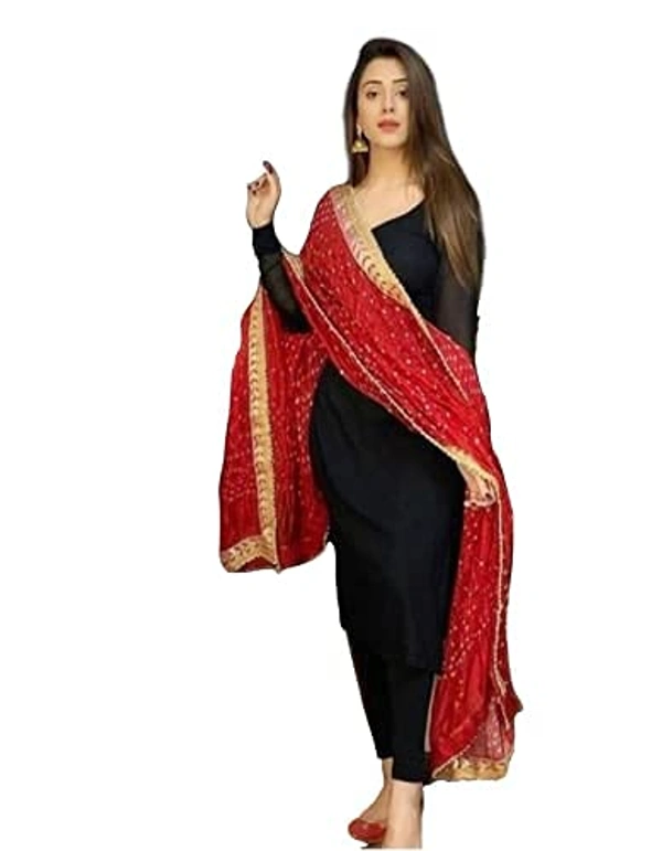 PK HUB Women's Rayon Black Kurti Pant with Red Bhandhej Dupatta - XXL, Black