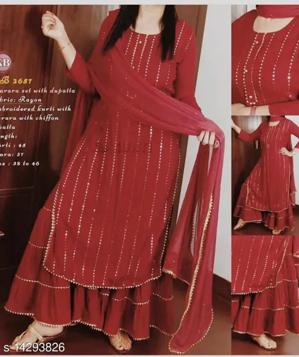 PK HUB Women's Solid Party Wear Kurta Set with Sharara - XXL, Red