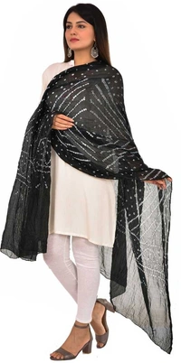 PK HUB® Women's BANDHANI SILK dupatta with BANDHEJ work panna"40" and length 2.40 meter - FREE SIZE, Black