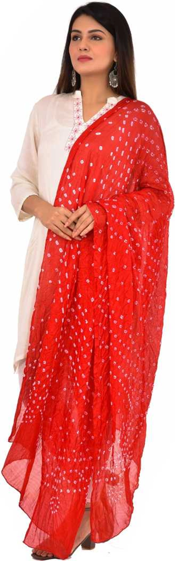 PK HUB® women's BANDHANI SILK dupatta with BANDHEJ work panna"40" and length 2.40 meter - FREE SIZE, Red