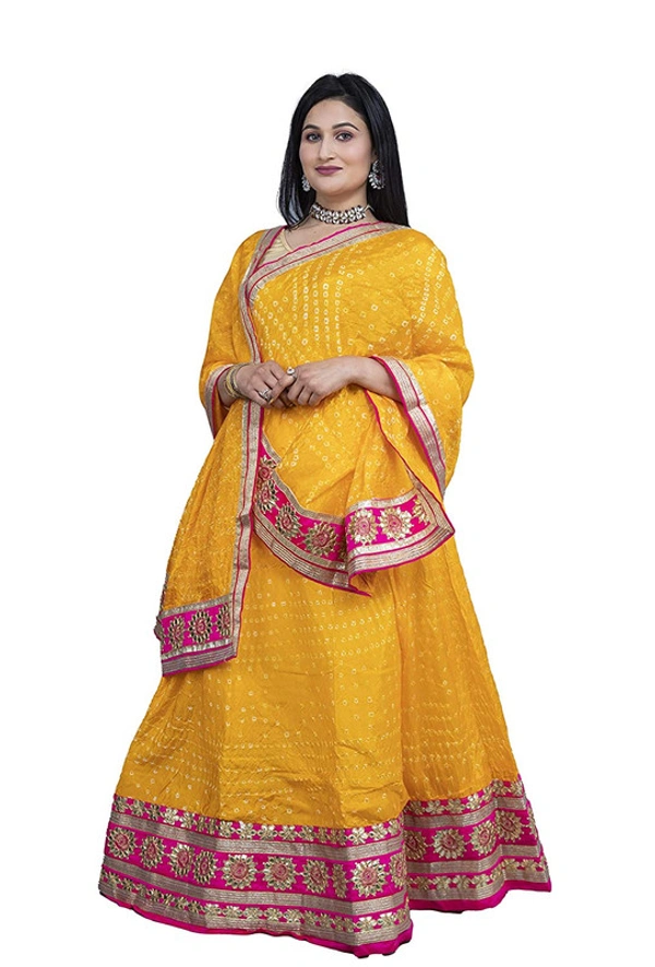 PK HUB® Women's Rajasthani Traditional Bhandej Lehnga Chunni Set - Free Size, Yellow
