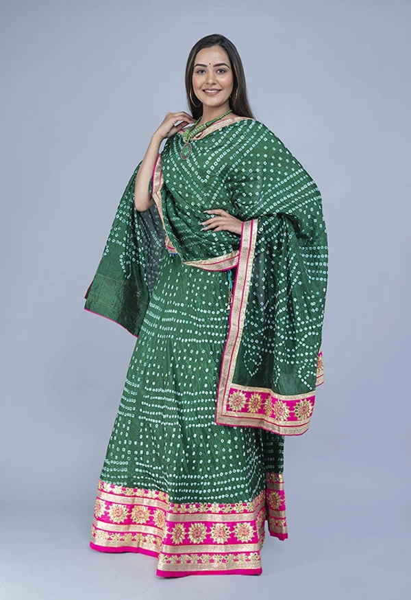 PK HUB® Women's Rajasthani Traditional Bhandej Lehnga Chunni Set - Free Size, Green