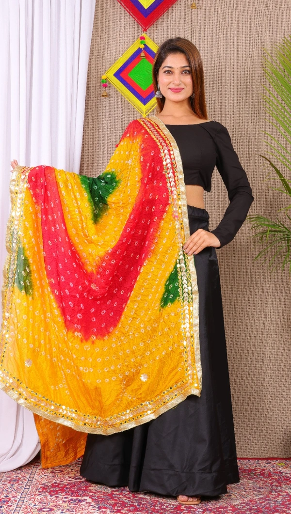 PK MART Dresses Jaipuri Rajasthani Women's Art Silk Bandhani Bandhej Dupatta With Heavy Mirror Work (Free size) - Free Size, Multicolor