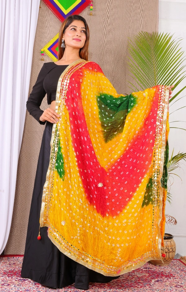 PK MART Dresses Jaipuri Rajasthani Women's Art Silk Bandhani Bandhej Dupatta With Heavy Mirror Work (Free size) - Free Size, Multicolor