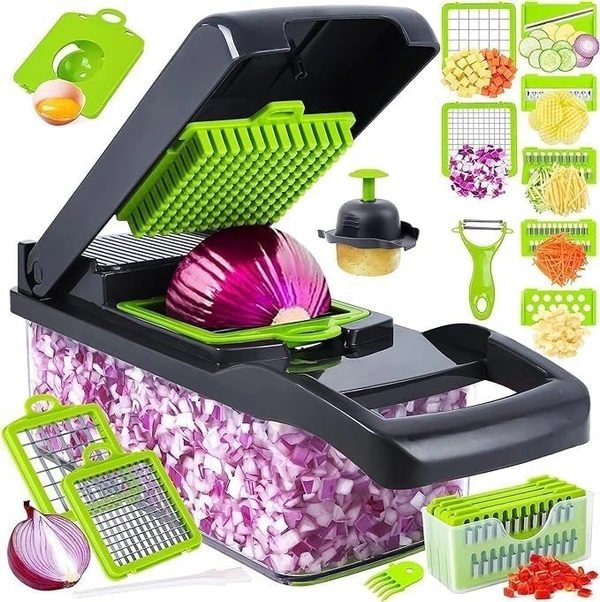 Vegetable Chopper, Pro Onion Chopper, Multifunctional 13 in 1 Food Chopper, Kitchen Vegetable Slicer Dicer Cutter, Veggie Chopper with 8 Blades, Carrot and Garlic Chopper with Container Brand: AMGO APPLIANCES
