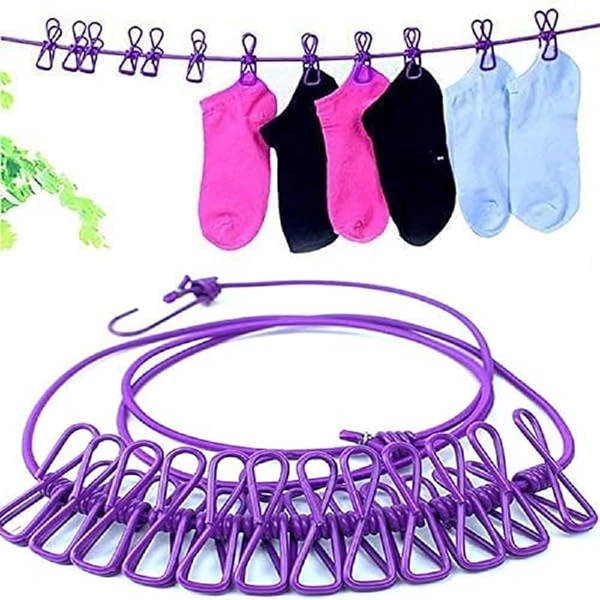 Elastic Hanging for 12 Clips Clothes Travel Home Outdoor Kapde Sukhane ki Rassi Wire -Multicolor Multi Functional and 2 Hooks Portable Clothesline Hook