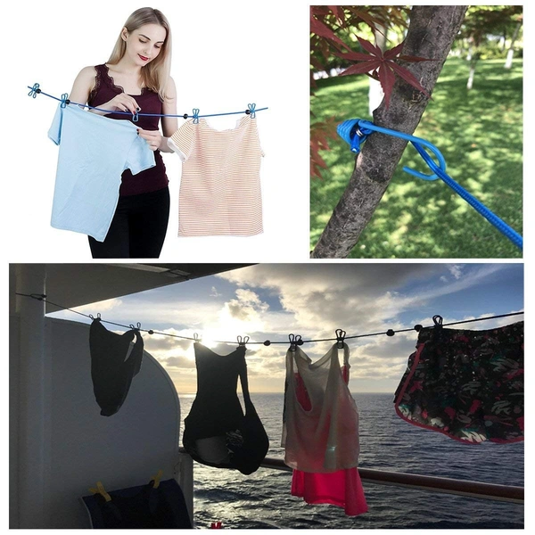 Elastic Hanging for 12 Clips Clothes Travel Home Outdoor Kapde Sukhane ki Rassi Wire -Multicolor Multi Functional and 2 Hooks Portable Clothesline Hook